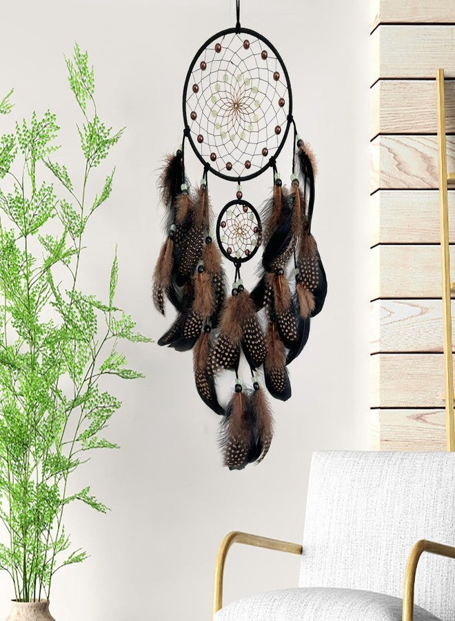 SOYUZU Brown and Black Dream Catcher Wall Decor Feather Dream Catchers with Luminous Bead Handmade Dreamcatcher Wall Hanging Ornament for Bedroom Living Room Home Decor - Image 5
